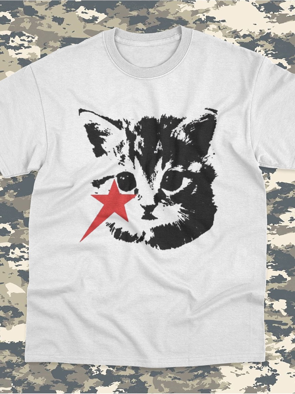White Cat Graphic Tee with Red Star - Pet Cat Design - Picture 1 of 2
